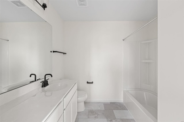 full bathroom featuring vanity, toilet, and washtub / shower combination