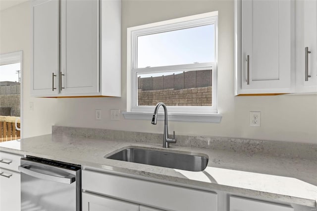 kitchen featuring light stone countertops, sink, white cabinets, and stainless steel dishwasher