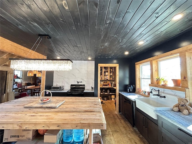 kitchen with sink, hardwood / wood-style flooring, and wood ceiling