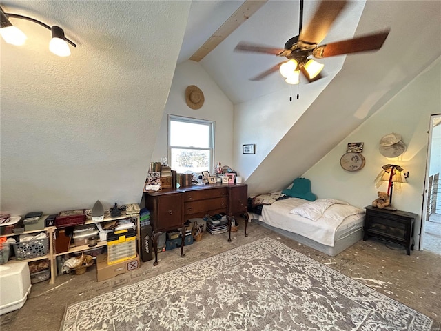 bedroom with vaulted ceiling with beams and ceiling fan