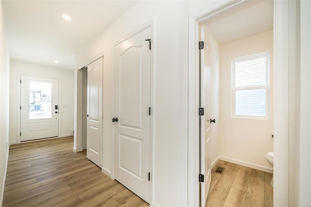 hall with a healthy amount of sunlight and light wood-type flooring