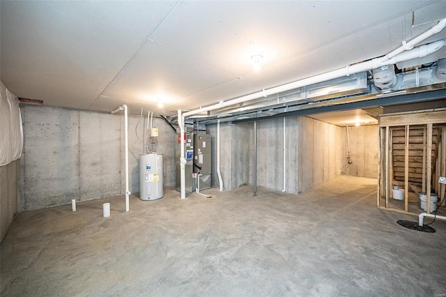 basement with water heater and heating unit