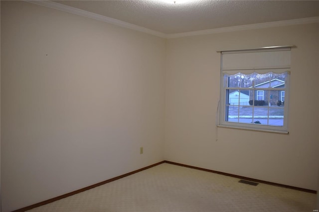 carpeted empty room featuring crown molding and a textured ceiling