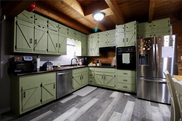 kitchen featuring wood ceiling, beam ceiling, black appliances, and green cabinetry