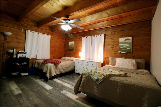 bedroom featuring ceiling fan, beam ceiling, and wood walls