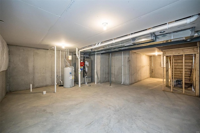 basement with water heater and heating unit