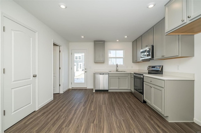 kitchen with sink, gray cabinets, stainless steel appliances, and dark hardwood / wood-style floors