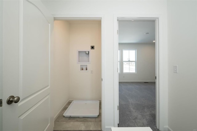 laundry area featuring electric dryer hookup, hookup for a washing machine, and carpet floors