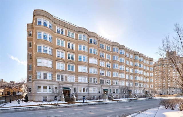 view of snow covered building