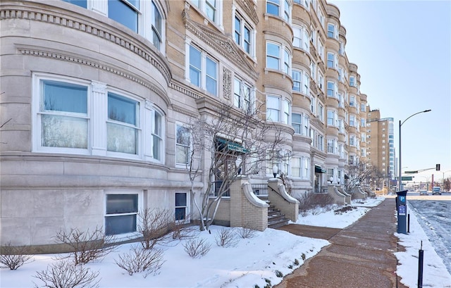 view of snow covered building