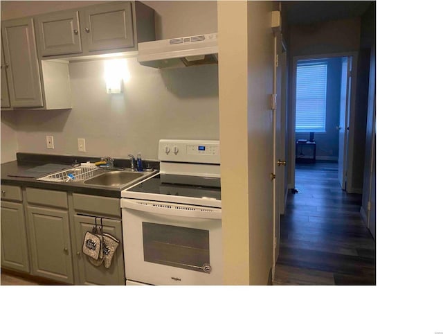 kitchen featuring gray cabinetry, sink, dark hardwood / wood-style floors, white electric range oven, and extractor fan