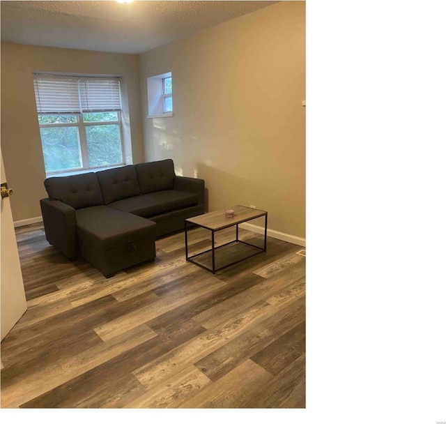 living room with a textured ceiling and dark hardwood / wood-style floors