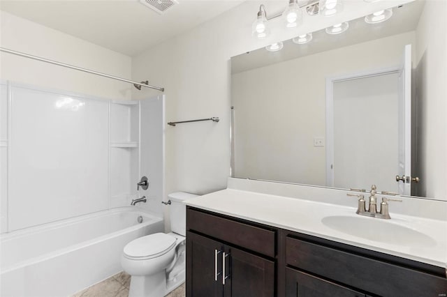 full bathroom with tile patterned floors, vanity,  shower combination, and toilet