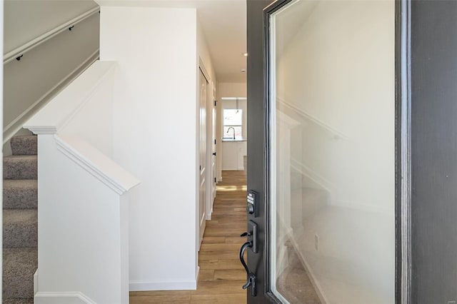 staircase with wood-type flooring and sink