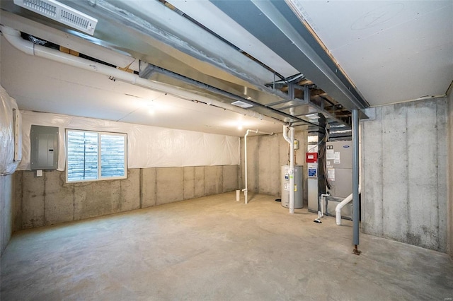 basement with electric panel and water heater