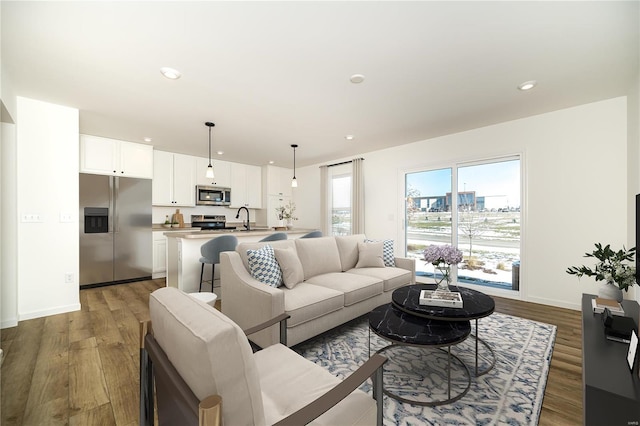 living room with dark hardwood / wood-style flooring, sink, and a wealth of natural light