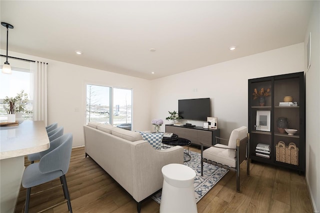 living room with plenty of natural light and dark hardwood / wood-style flooring