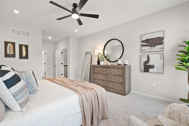 carpeted bedroom with ceiling fan