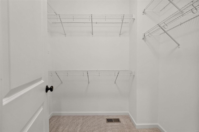 walk in closet with light carpet