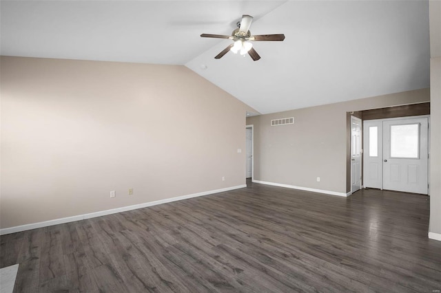 unfurnished room featuring lofted ceiling, dark wood-type flooring, and ceiling fan