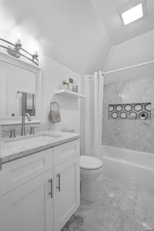 bathroom featuring toilet, marble finish floor, shower / bath combination with curtain, lofted ceiling, and vanity