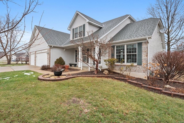 cape cod house with a garage and a front lawn