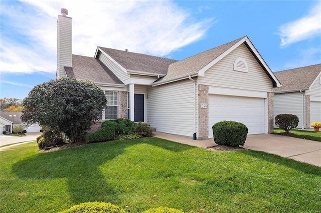 single story home with a garage and a front lawn