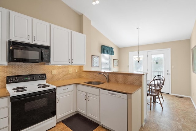 kitchen with kitchen peninsula, dishwasher, sink, white cabinets, and electric stove