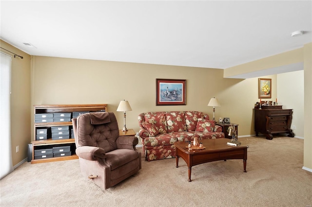 living room featuring light colored carpet