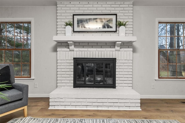 room details with ornamental molding, hardwood / wood-style floors, and a fireplace