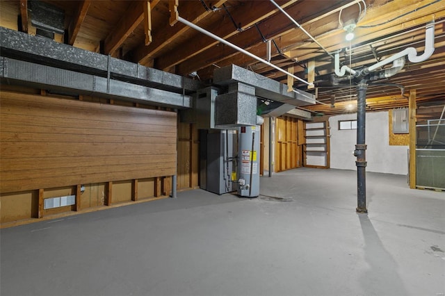 basement with water heater and electric panel