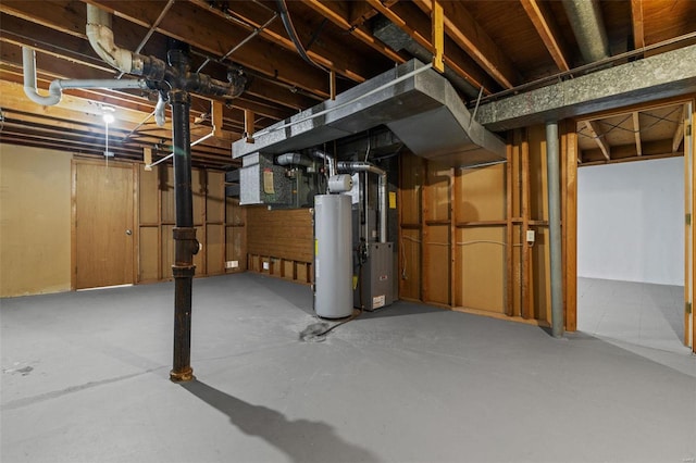 basement with gas water heater and heating unit