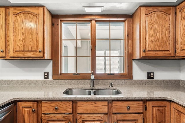 kitchen featuring stainless steel dishwasher, a sink, and brown cabinets