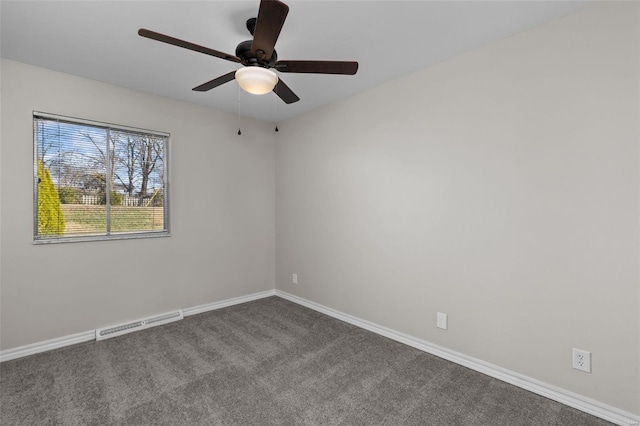 unfurnished room featuring visible vents, dark carpet, baseboards, and ceiling fan