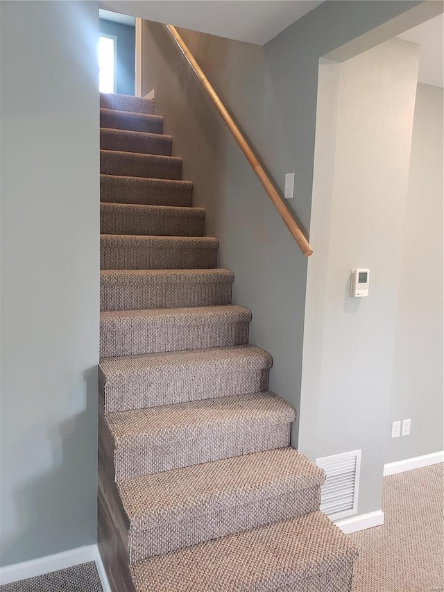 staircase featuring carpet