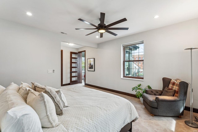 bedroom featuring recessed lighting, visible vents, light carpet, and baseboards