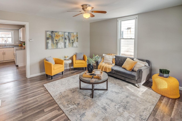 living room with sink, hardwood / wood-style floors, and ceiling fan