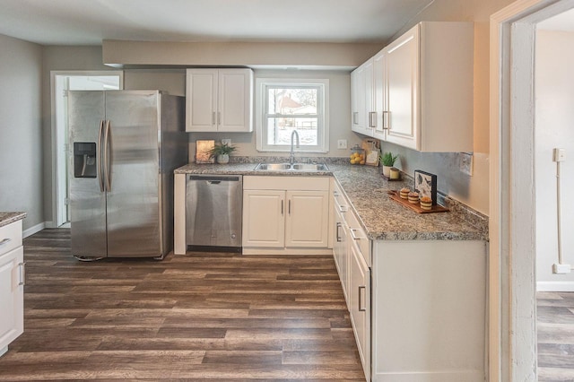 kitchen featuring sink, dark wood-type flooring, white cabinetry, and stainless steel appliances