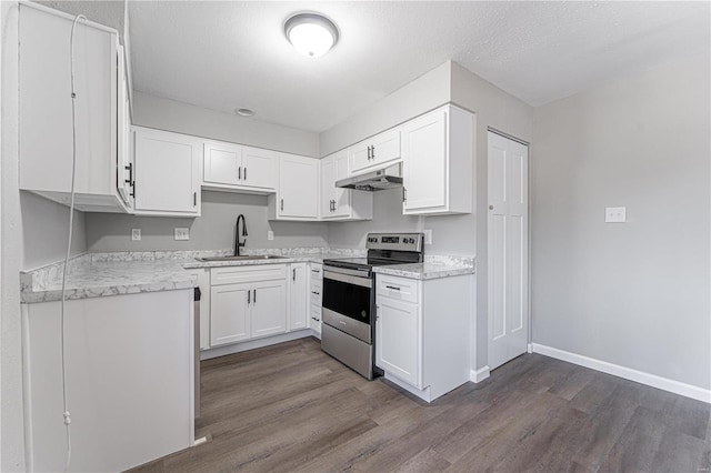 kitchen featuring white cabinetry, sink, dark hardwood / wood-style floors, and stainless steel electric range oven