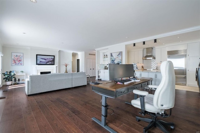 office space with dark hardwood / wood-style flooring and ornamental molding