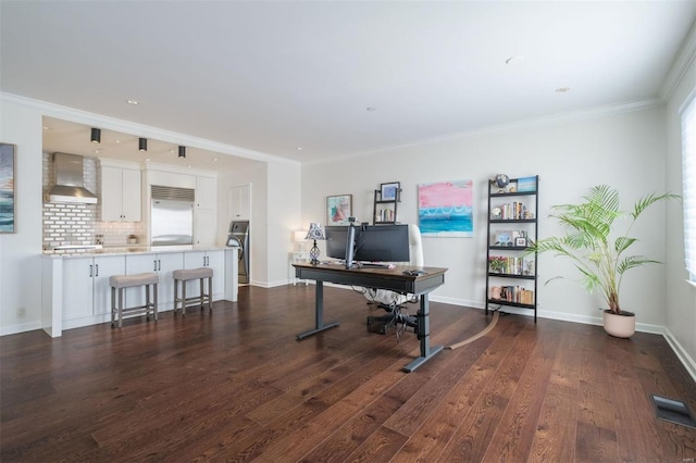 office space featuring dark wood-type flooring and crown molding