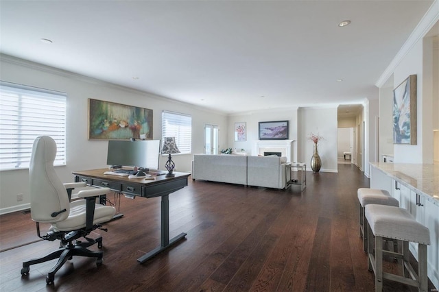 office featuring dark hardwood / wood-style flooring and ornamental molding