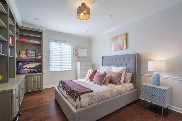 bedroom with dark wood-type flooring and crown molding