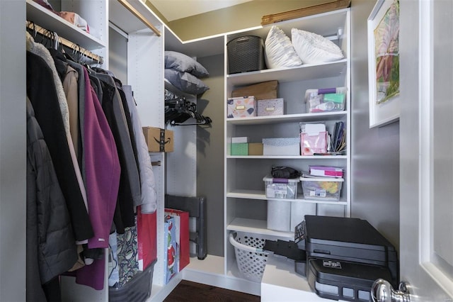 walk in closet with dark hardwood / wood-style floors