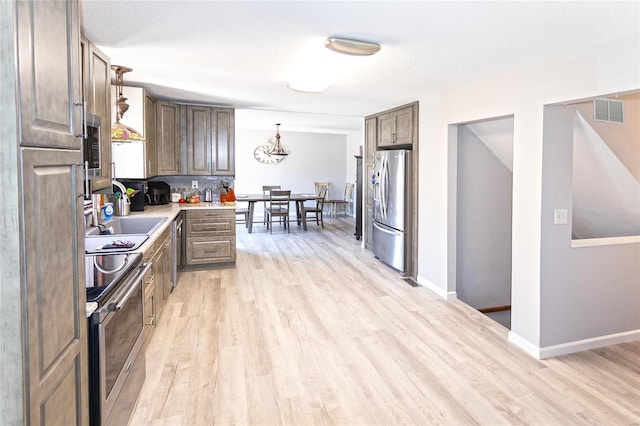 kitchen featuring light wood finished floors, visible vents, light countertops, stainless steel appliances, and a sink