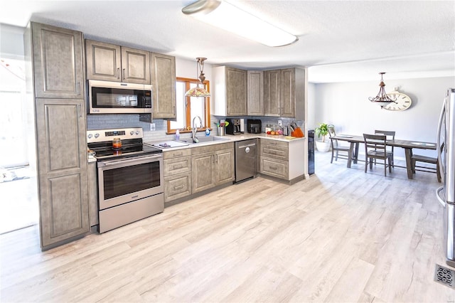 kitchen featuring light countertops, decorative backsplash, light wood-style flooring, appliances with stainless steel finishes, and a sink