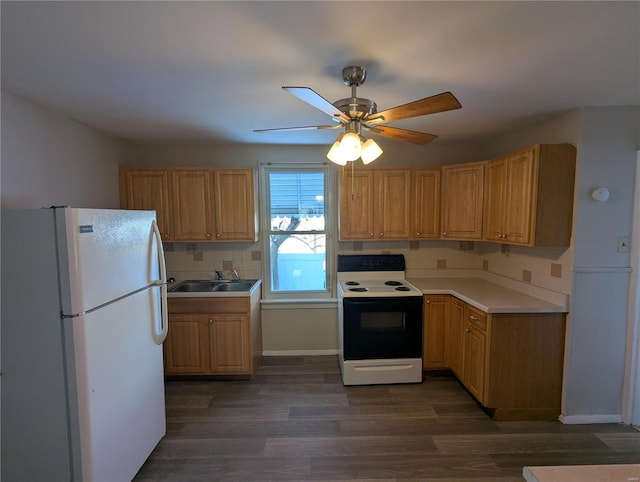 kitchen with white appliances, sink, ceiling fan, tasteful backsplash, and dark hardwood / wood-style flooring