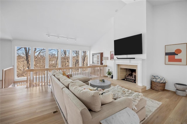 living room with high vaulted ceiling and light hardwood / wood-style floors