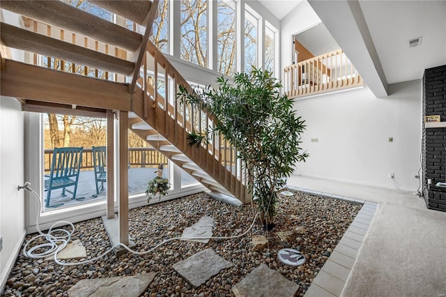 stairway featuring carpet