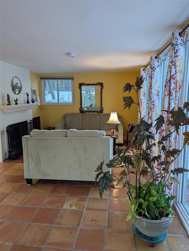 tiled living room with a fireplace